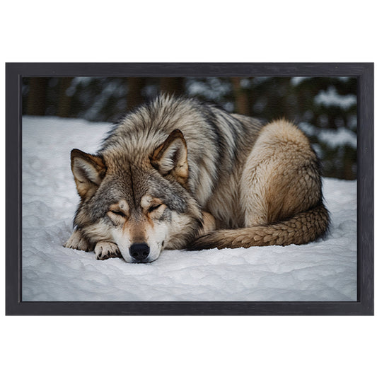 Slapende wolf in winterlandschap canvas met baklijst