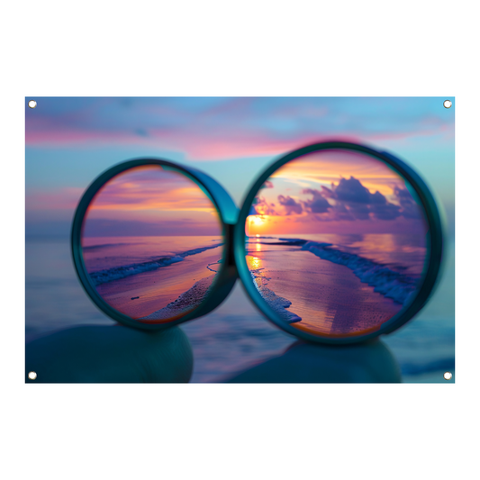 Reflectie van zonsondergang in brilglazen tuinposter