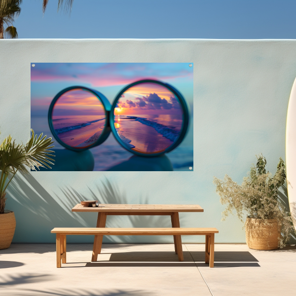 Reflectie van zonsondergang in brilglazen tuinposter