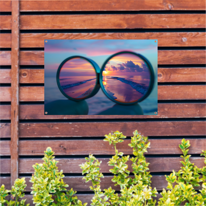 Reflectie van zonsondergang in brilglazen tuinposter