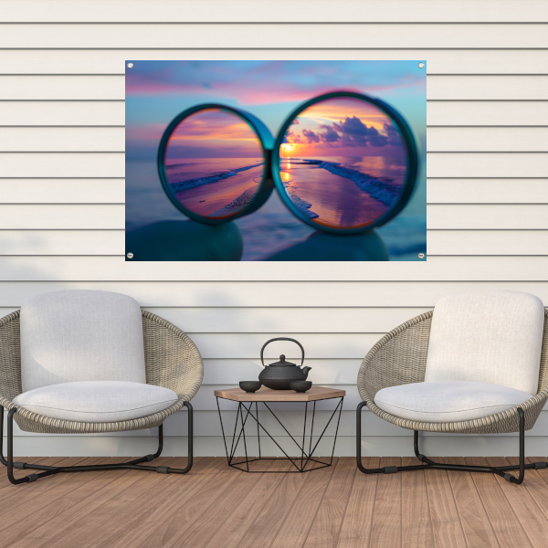 Reflectie van zonsondergang in brilglazen tuinposter