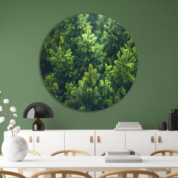 Groene dennenboomtoppen in de ochtendmist aluminium muurcirkel