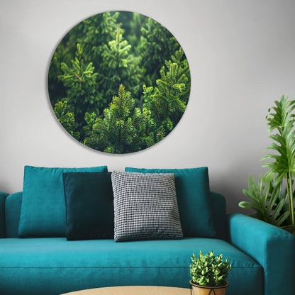 Groene dennenboomtoppen in de ochtendmist aluminium muurcirkel