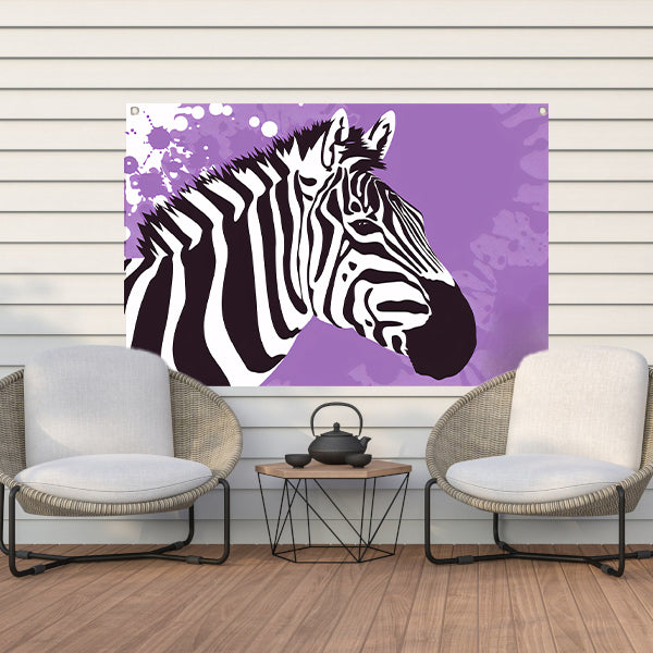 Zebra op een paarse abstracte achtergrond tuinposter
