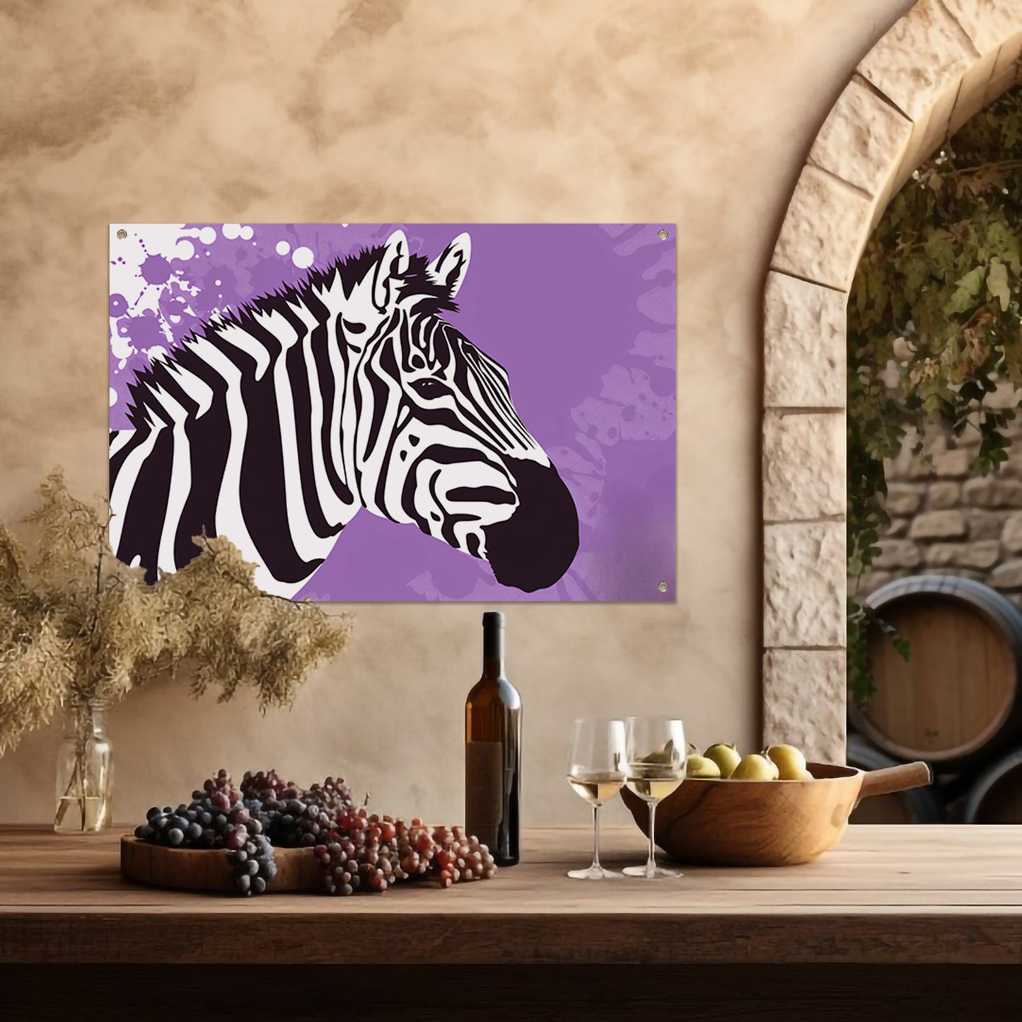 Zebra op een paarse abstracte achtergrond tuinposter