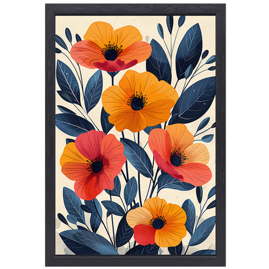 Levendige Illustratie van Kleurrijke Bloemen en Bladeren canvas met baklijst