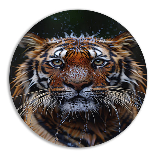 Portret van Tijger in de Regen aluminium muurcirkel