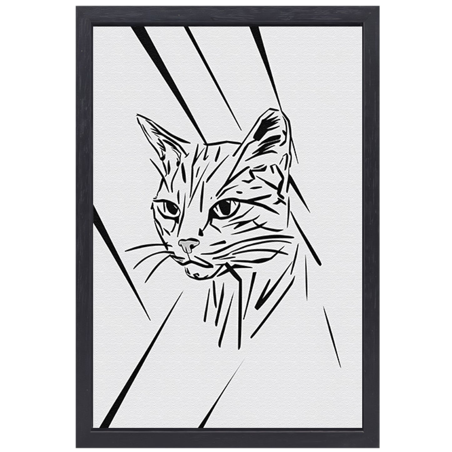 Minimalistische zwart-witte kat in lijnen canvas met baklijst