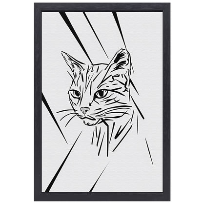 Minimalistische zwart-witte kat in lijnen canvas met baklijst