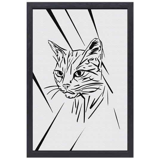 Minimalistische zwart-witte kat in lijnen canvas met baklijst