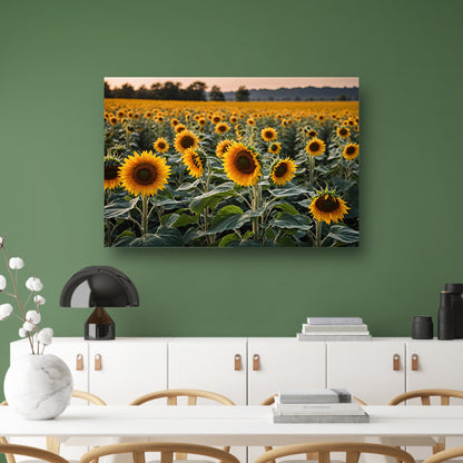 Uitgestrekt zonnebloemveld bij zonsondergang poster