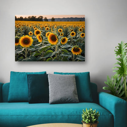 Uitgestrekt zonnebloemveld bij zonsondergang canvas