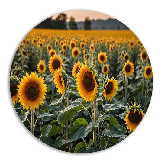 Uitgestrekt zonnebloemveld bij zonsondergang aluminium muurcirkel