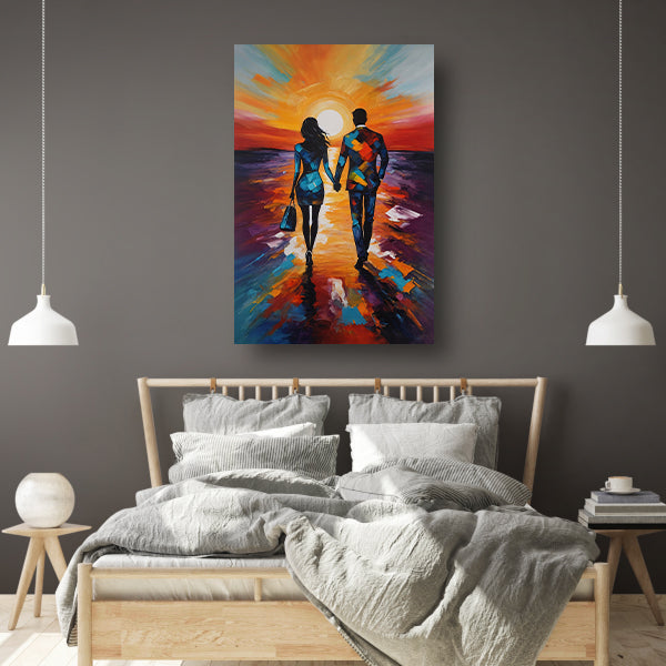 Stijlvol paar wandelt tijdens kleurrijke zonsondergang canvas