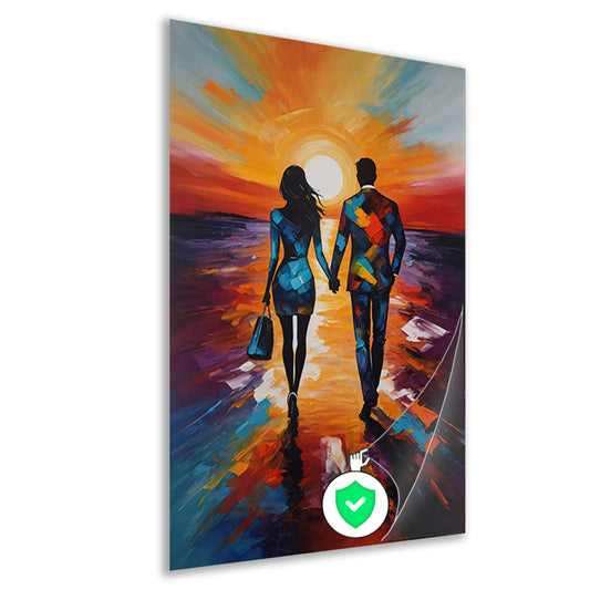 Stijlvol paar wandelt tijdens kleurrijke zonsondergang poster