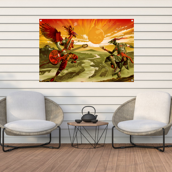 Surrealistische vogel met gitaar tuinposter