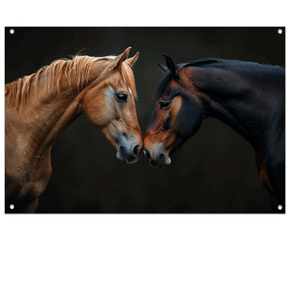 Twee paarden in donkere omgeving tuinposter