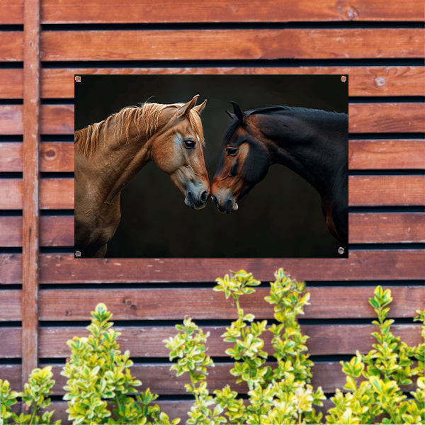 Twee paarden in donkere omgeving tuinposter