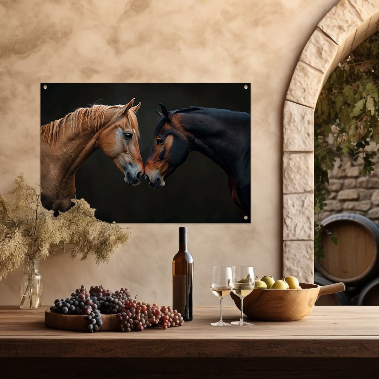 Twee paarden in donkere omgeving tuinposter