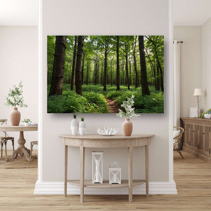 Prachtig groen bos op zonnige dag canvas met baklijst