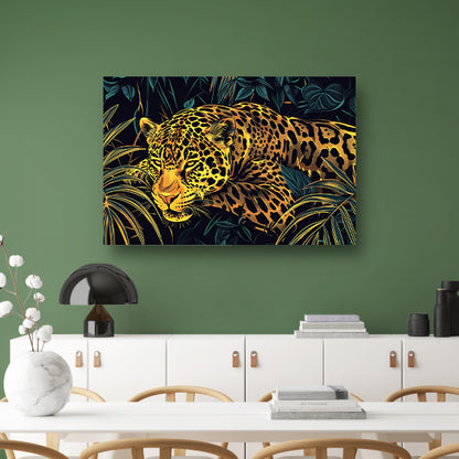 Gedetailleerde lijntekening van een jaguar in jungle acrylglas