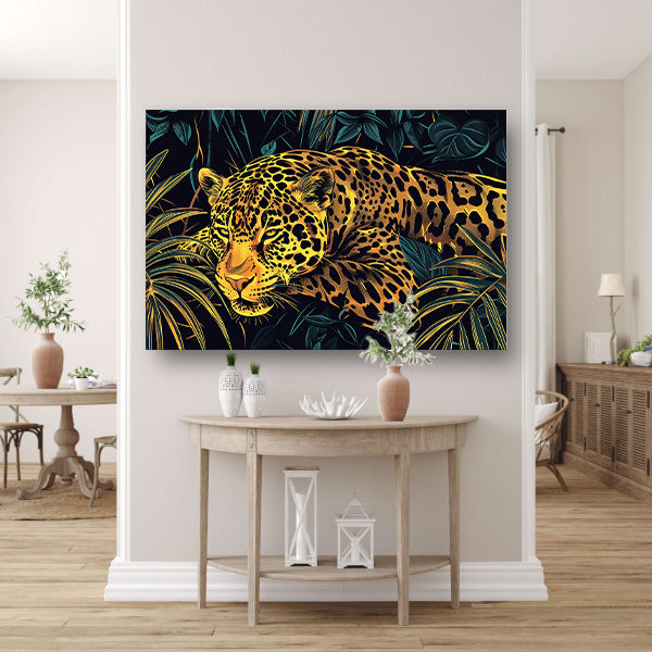 Gedetailleerde lijntekening van een jaguar in jungleposter