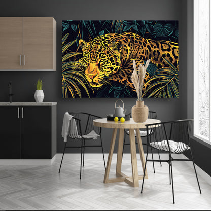 Gedetailleerde lijntekening van een jaguar in jungle acrylglas