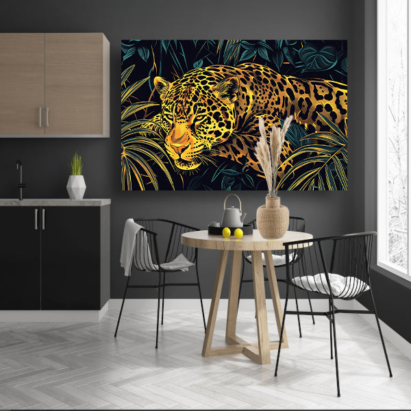 Gedetailleerde lijntekening van een jaguar in jungleposter