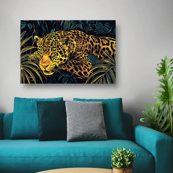 Gedetailleerde lijntekening van een jaguar in jungleposter