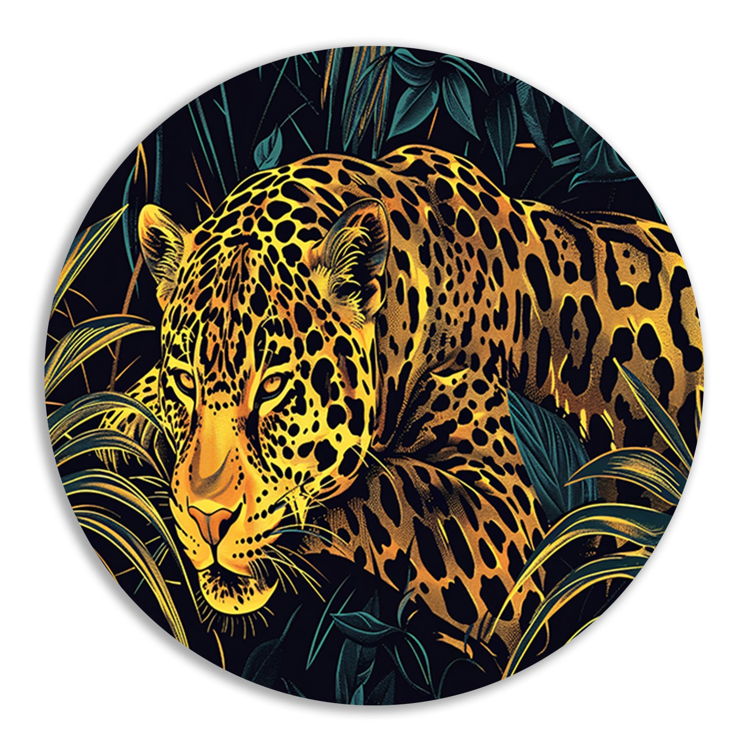 Gedetailleerde lijntekening van een jaguar in jungle aluminium muurcirkel