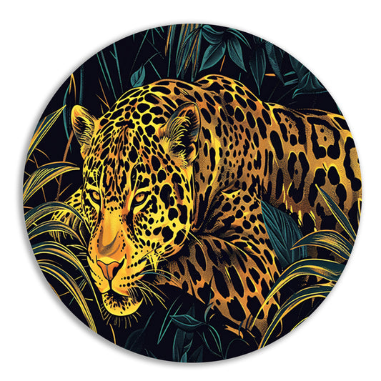 Gedetailleerde lijntekening van een jaguar in jungle aluminium muurcirkel