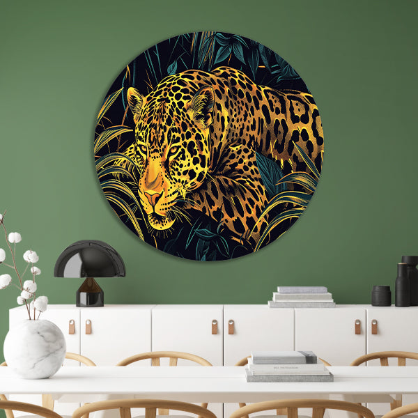 Gedetailleerde lijntekening van een jaguar in jungle aluminium muurcirkel