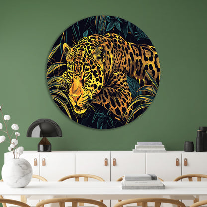 Gedetailleerde lijntekening van een jaguar in jungle aluminium muurcirkel