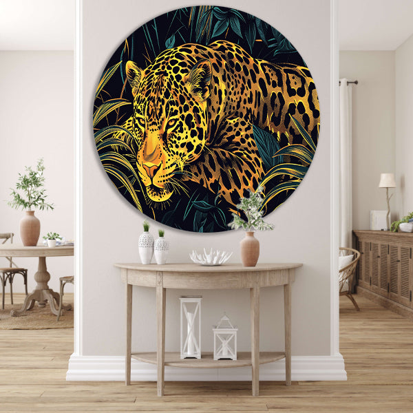 Gedetailleerde lijntekening van een jaguar in jungle aluminium muurcirkel