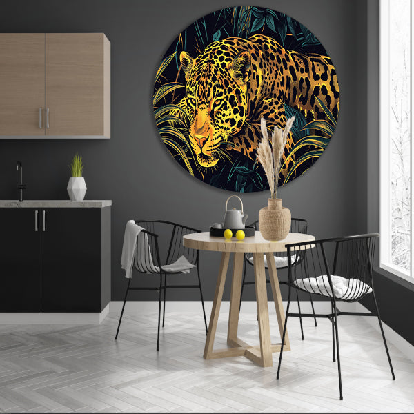 Gedetailleerde lijntekening van een jaguar in jungle aluminium muurcirkel