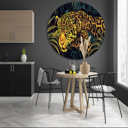 Gedetailleerde lijntekening van een jaguar in jungle aluminium muurcirkel
