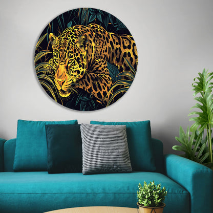 Gedetailleerde lijntekening van een jaguar in jungle aluminium muurcirkel