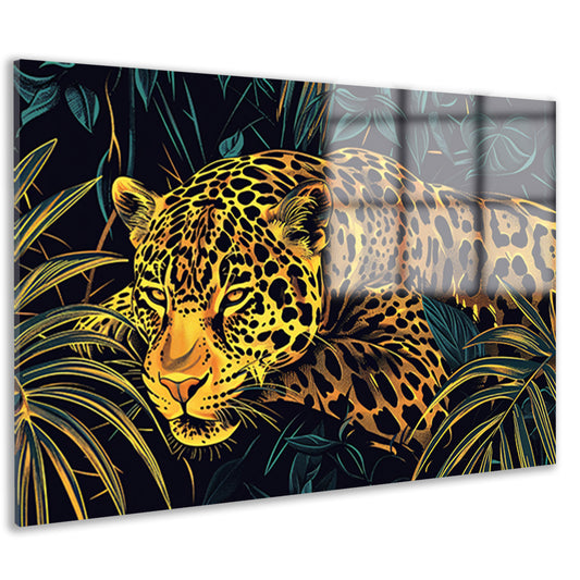 Gedetailleerde lijntekening van een jaguar in jungle acrylglas