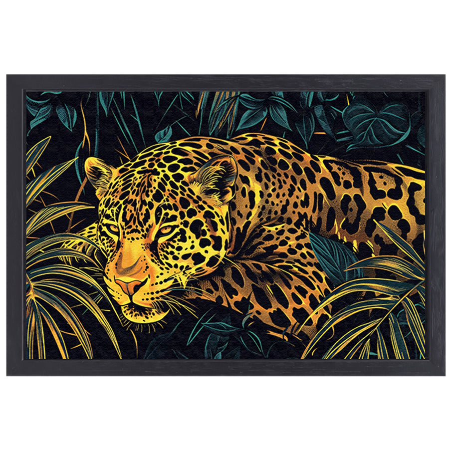 Gedetailleerde lijntekening van een jaguar in jungle canvas met baklijst