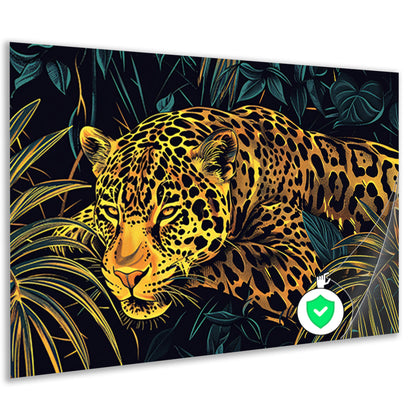 Gedetailleerde lijntekening van een jaguar in jungleposter