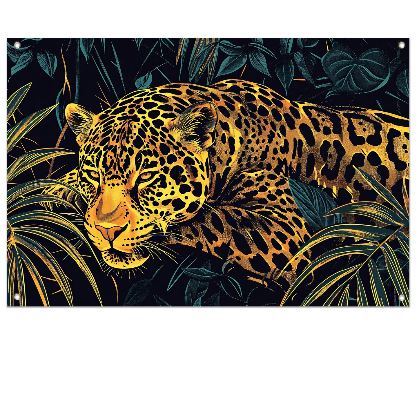 Gedetailleerde lijntekening van een jaguar in jungle tuinposter