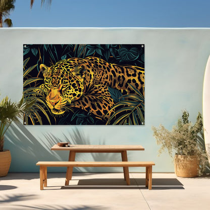 Gedetailleerde lijntekening van een jaguar in jungle tuinposter