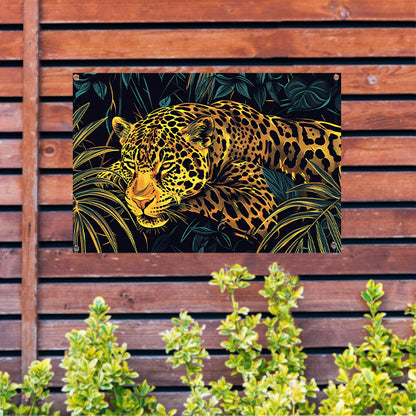 Gedetailleerde lijntekening van een jaguar in jungle tuinposter