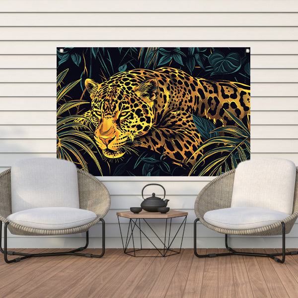 Gedetailleerde lijntekening van een jaguar in jungle tuinposter