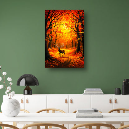 Hert in kleurrijk herfstbos met bladeren poster