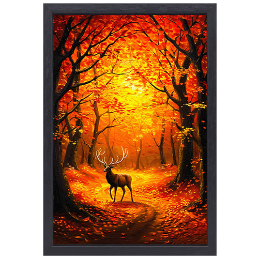Hert in kleurrijk herfstbos met bladeren canvas met baklijst