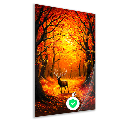 Hert in kleurrijk herfstbos met bladeren poster
