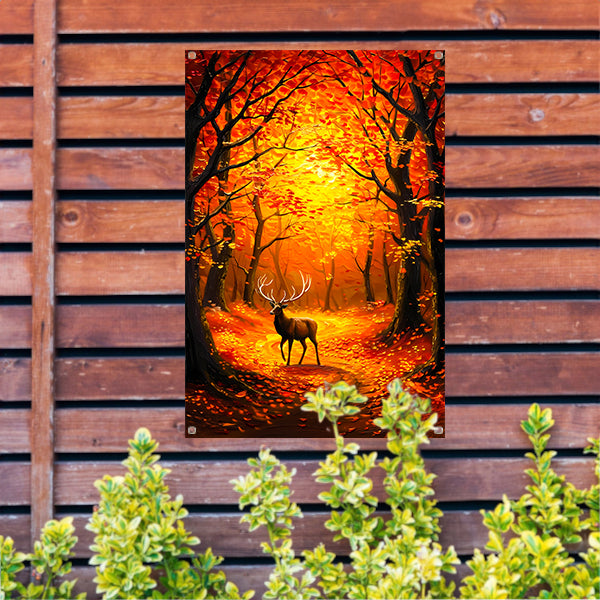 Hert in kleurrijk herfstbos met bladeren tuinposter