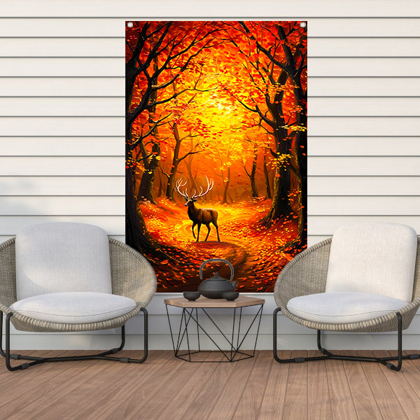 Hert in kleurrijk herfstbos met bladeren tuinposter