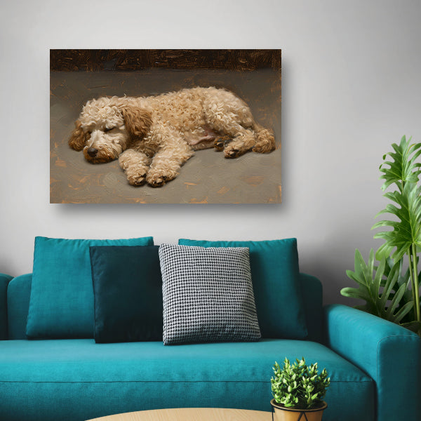 Schilderij van slapende hond in impressionistische stijl canvas met baklijst